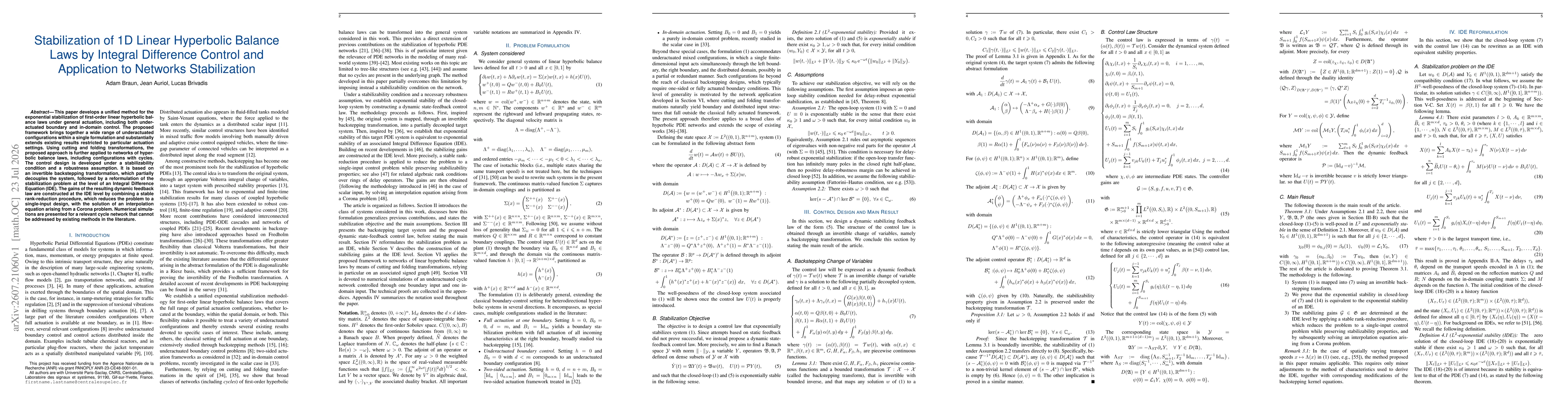 Thumbnail for Stabilization of 1D Linear Hyperbolic Balance Laws by Integral Difference Control and Application to Networks Stabilization