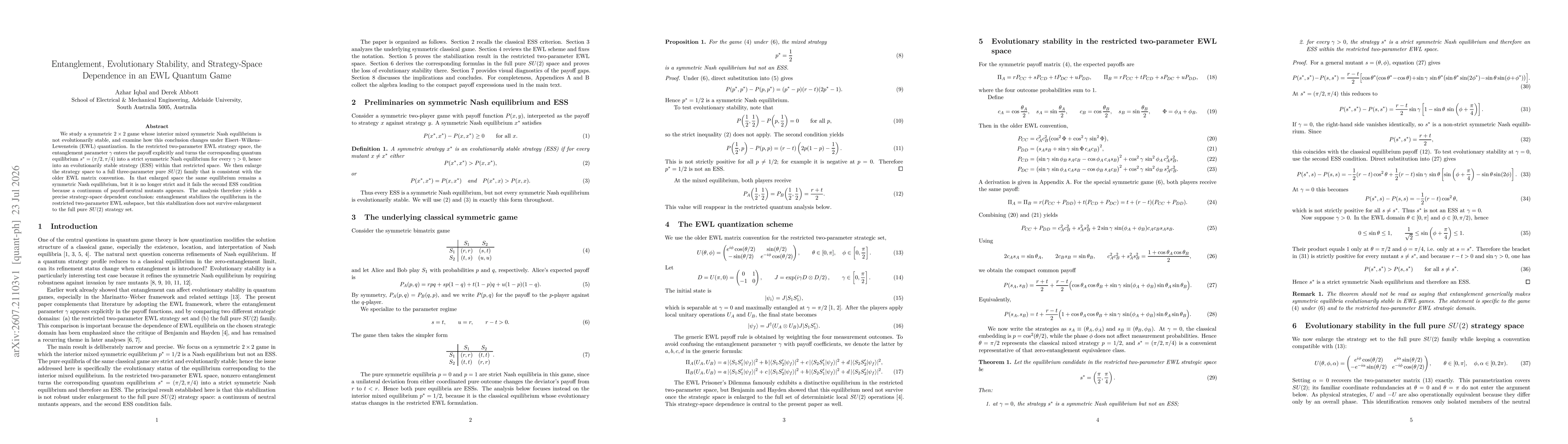 Thumbnail for Entanglement, Evolutionary Stability, and Strategy-Space Dependence in an EWL Quantum Game