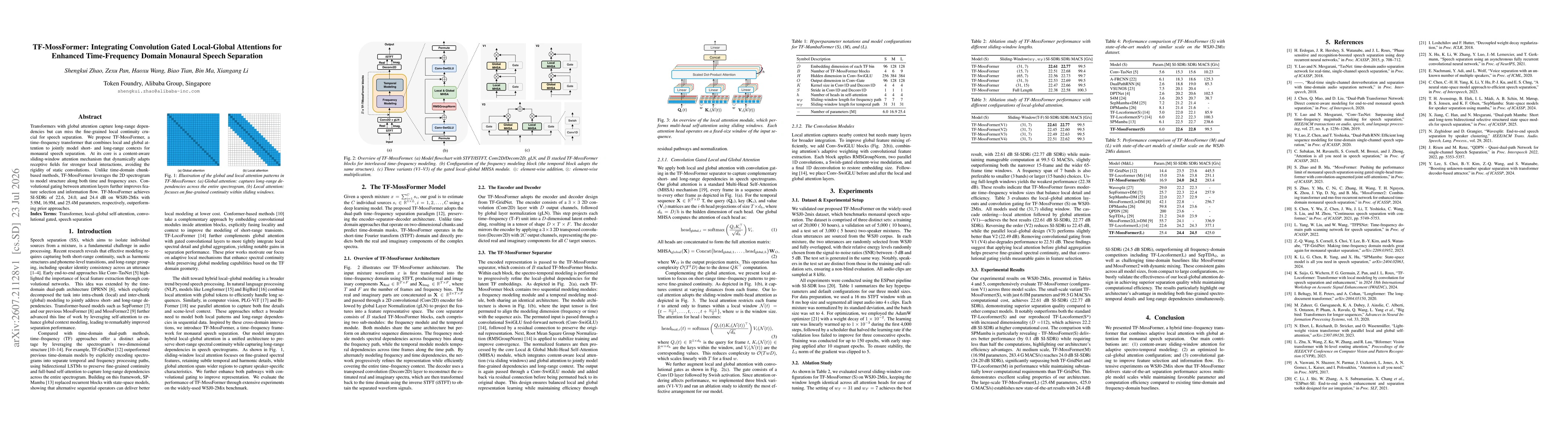 Thumbnail for TF-MossFormer: Integrating Convolution Gated Local-Global Attentions for Enhanced Time-Frequency Domain Monaural Speech Separation