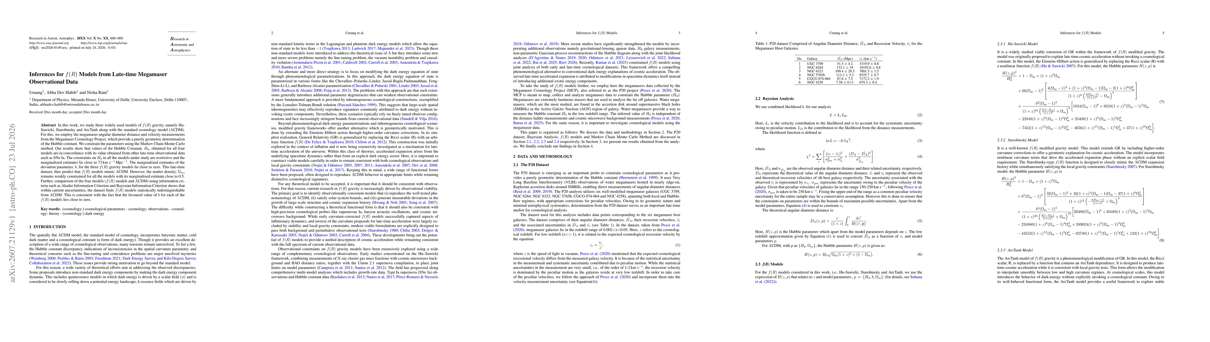 Thumbnail for Inferences for f(R) Models from Late-Time Megamaser Observational Data