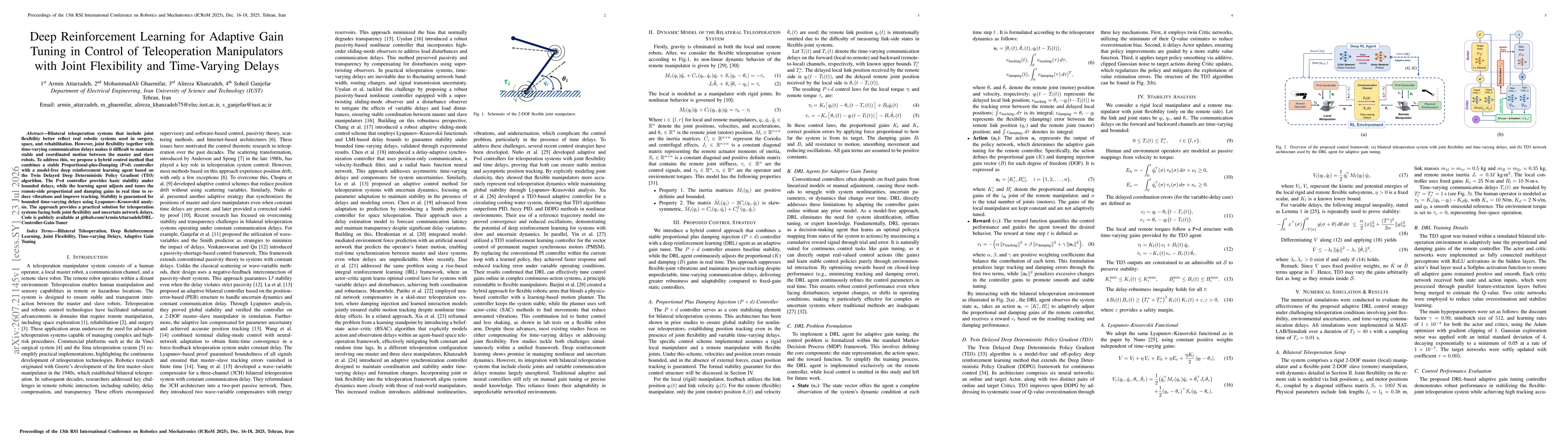 Thumbnail for Deep Reinforcement Learning for Adaptive Gain Tuning in Control of Teleoperation Manipulators with Joint Flexibility and Time-Varying Delays