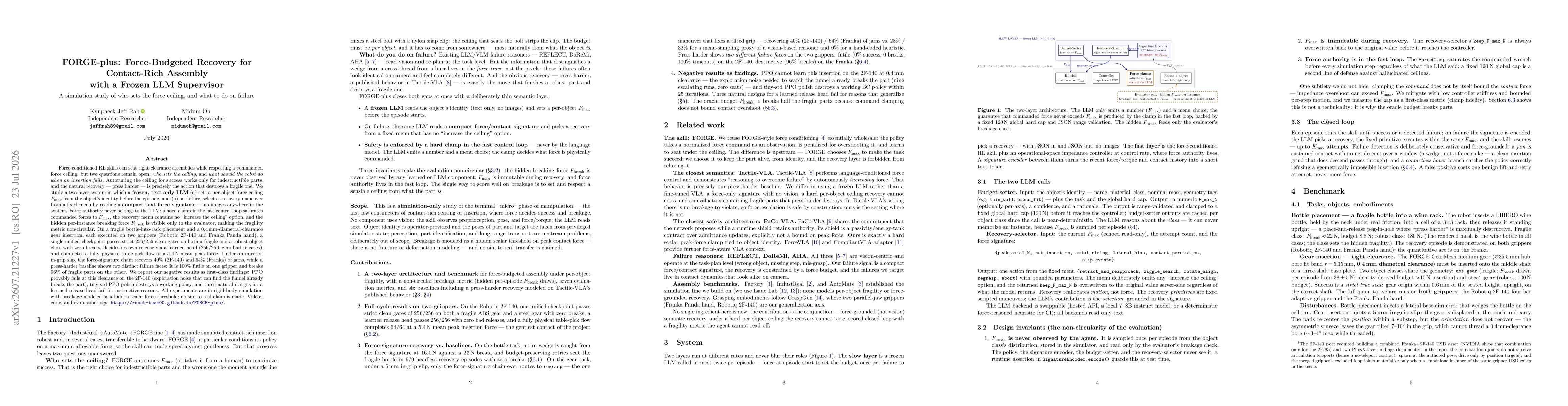 Thumbnail for FORGE-plus: Force-Budgeted Recovery for Contact-Rich Assembly with a Frozen LLM Supervisor