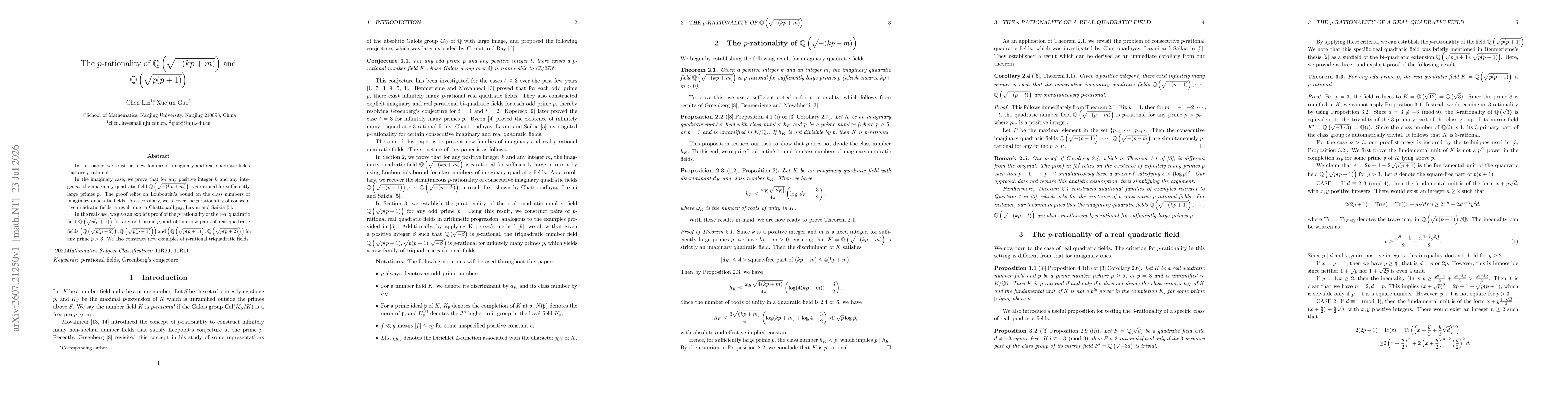 Thumbnail for The $p$-rationality of $\mathbb{Q}\left(\sqrt{-(kp+m)}\right)$ and $\mathbb{Q}\left(\sqrt{p(p+1)}\right)$