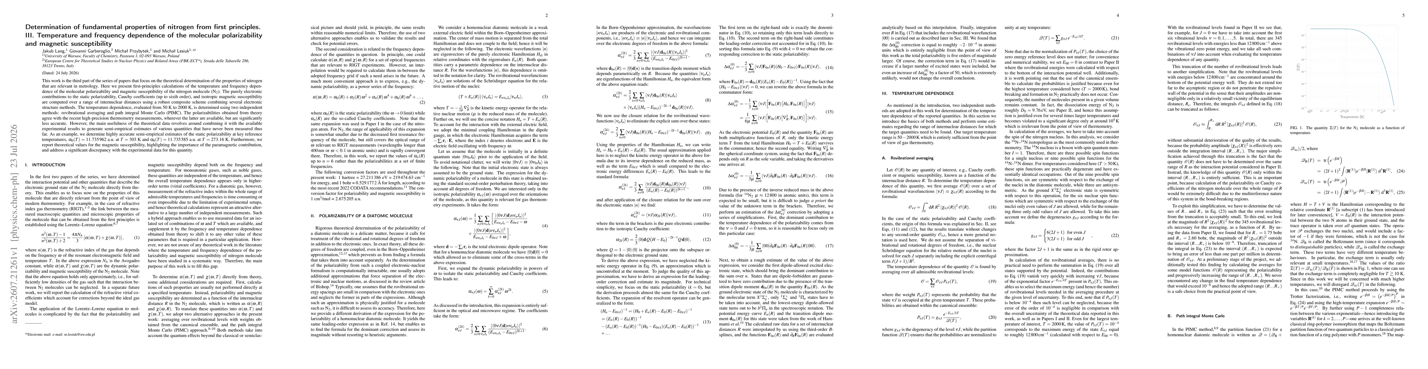 Thumbnail for Determination of fundamental properties of nitrogen from first principles. III. Temperature and frequency dependence of the molecular polarizability and magnetic susceptibility
