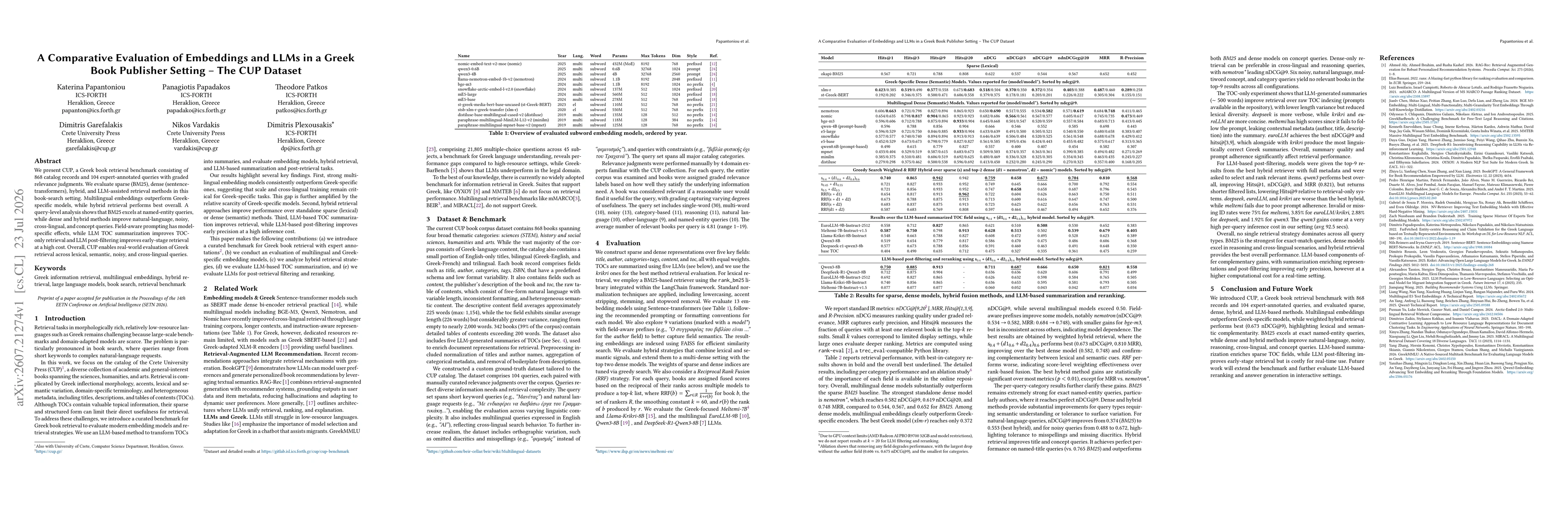 Thumbnail for A Comparative Evaluation of Embeddings and LLMs in a Greek Book Publisher Setting - The CUP Dataset
