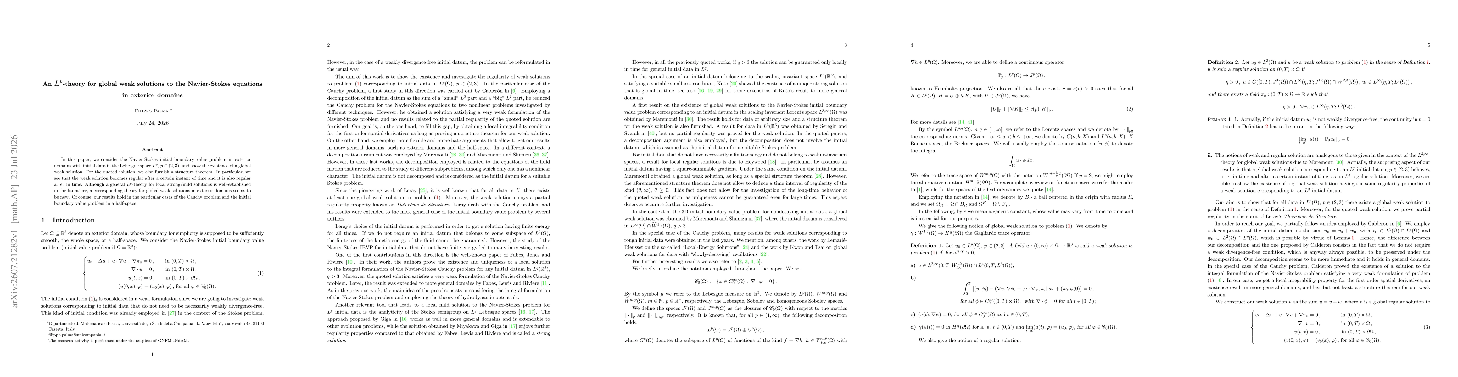 Thumbnail for An $L^p$-theory for global weak solutions to the Navier-Stokes equations in exterior domains