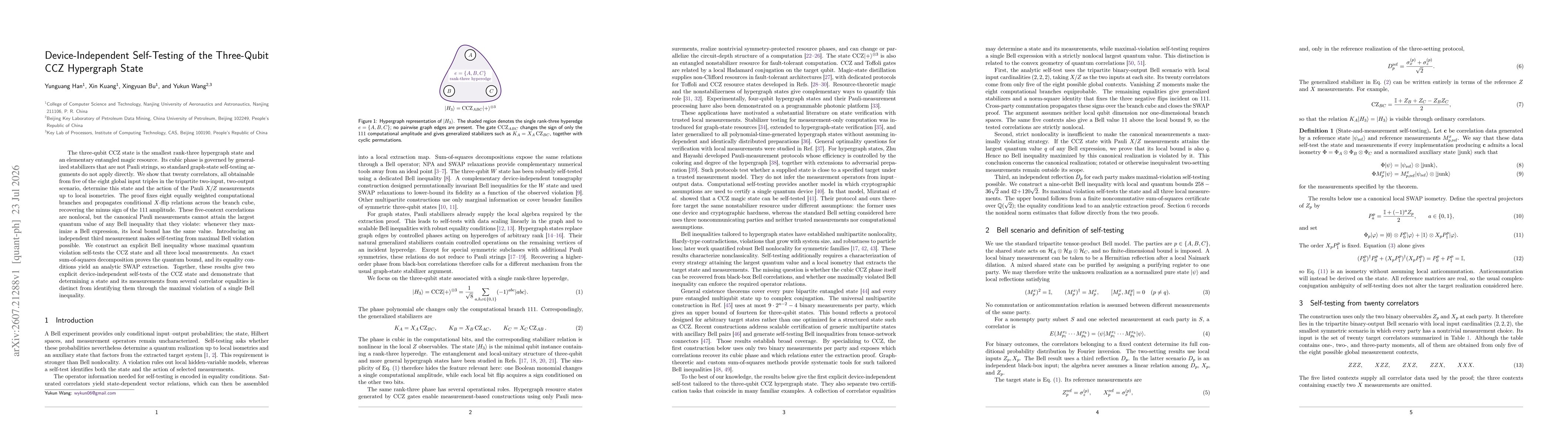 Thumbnail for Device-Independent Self-Testing of the Three-Qubit CCZ Hypergraph State