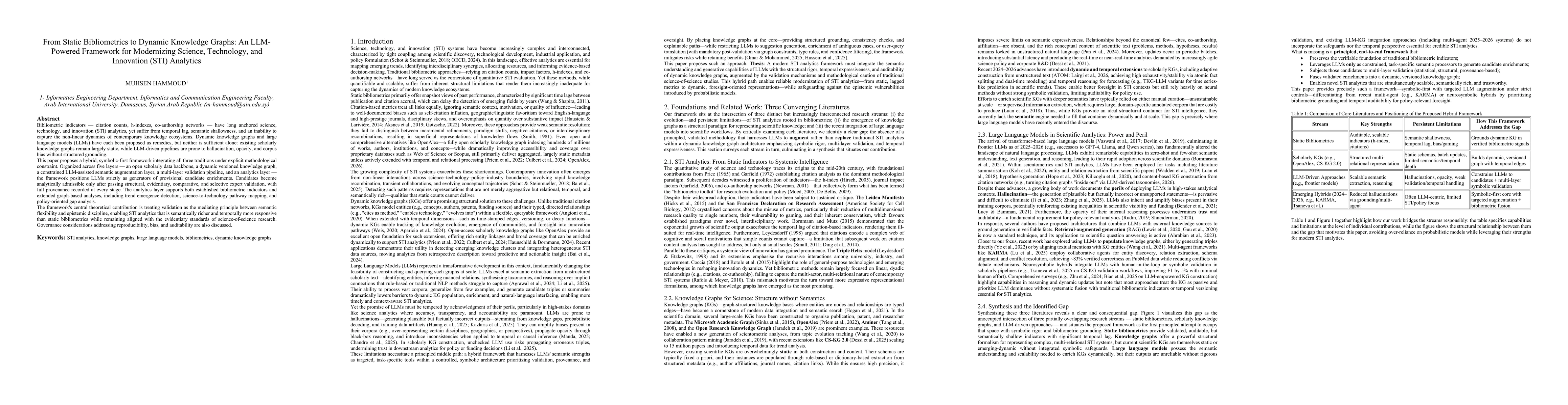 Thumbnail for From Static Bibliometrics to Dynamic Knowledge Graphs: An LLM-Powered Framework for Modernizing Science, Technology, and Innovation (STI) Analytics