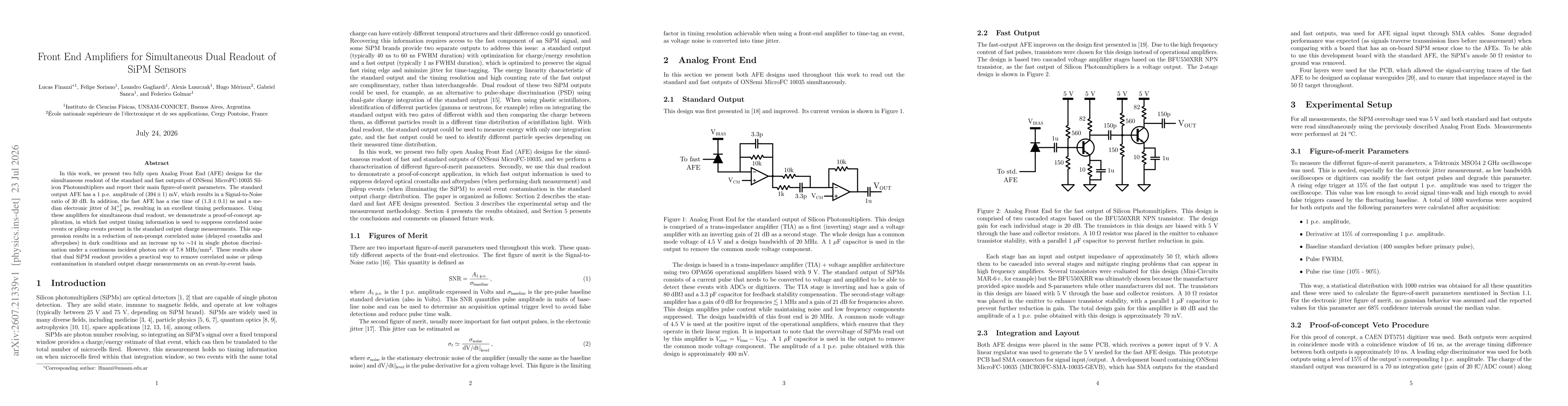 Thumbnail for Front End Amplifiers for Simultaneous Dual Readout of SiPM Sensors