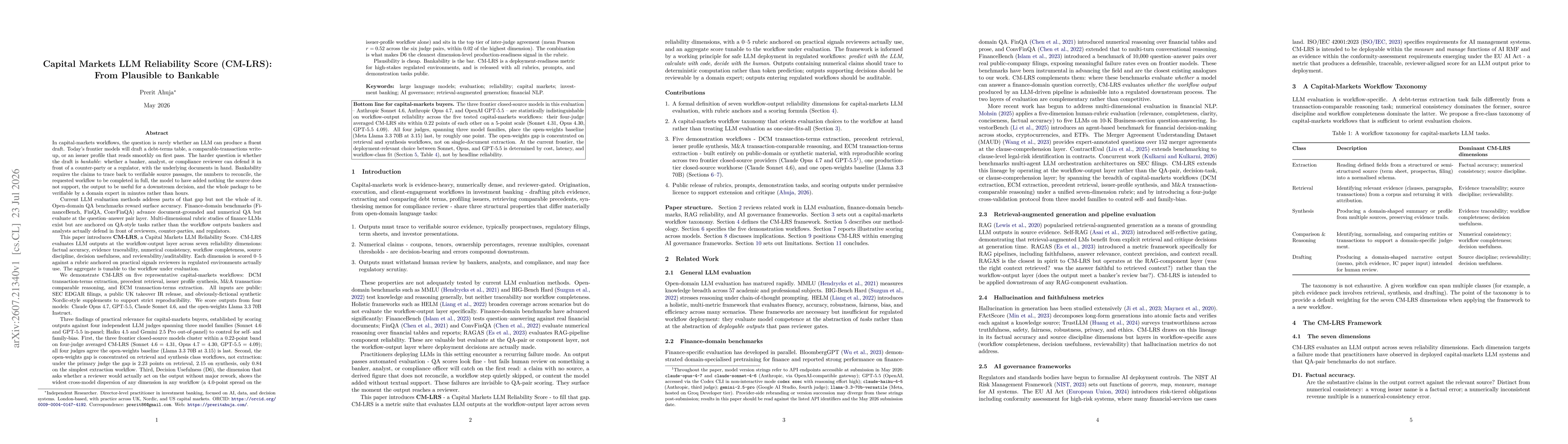 Thumbnail for Capital Markets LLM Reliability Score (CM-LRS): From Plausible to Bankable