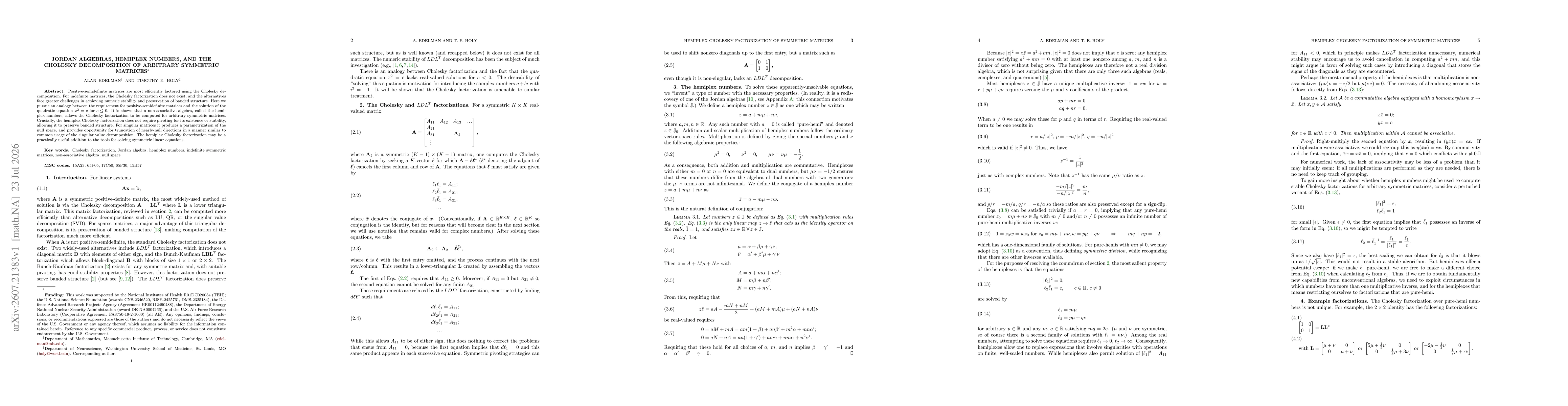 Thumbnail for Jordan algebras, hemiplex numbers, and the Cholesky decomposition of arbitrary symmetric matrices