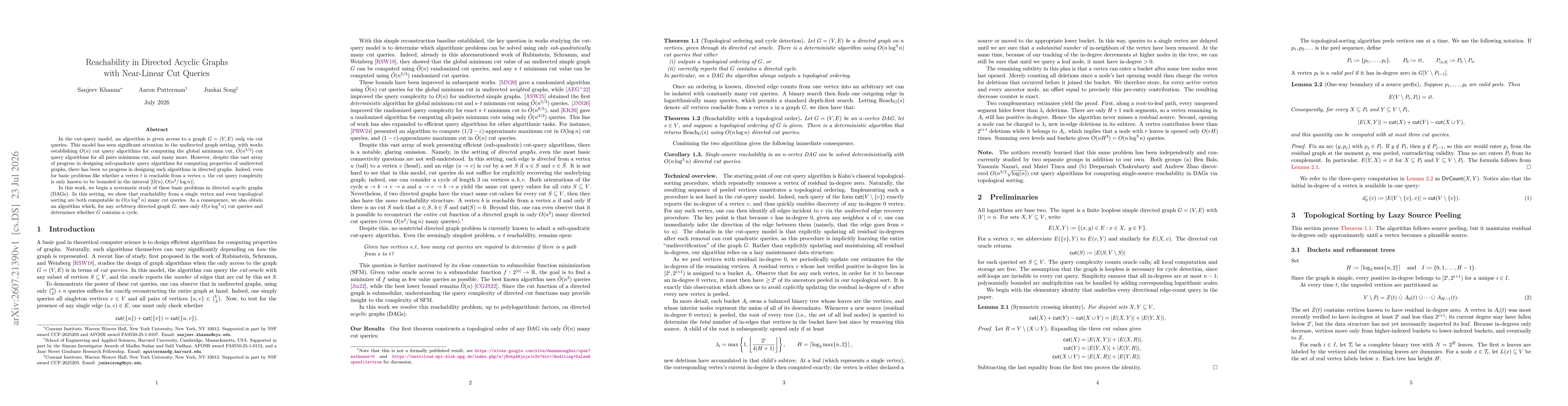 Thumbnail for Reachability in Directed Acyclic Graphs with Near-Linear Cut Queries