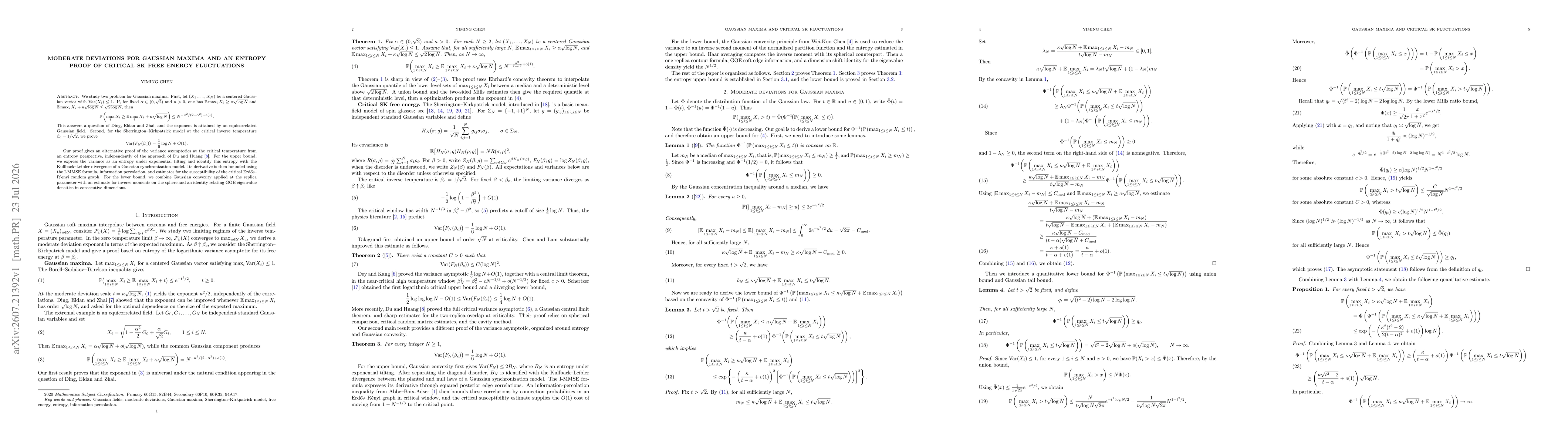 Thumbnail for Moderate Deviations for Gaussian Maxima and an Entropy Proof of Critical SK Free Energy Fluctuations
