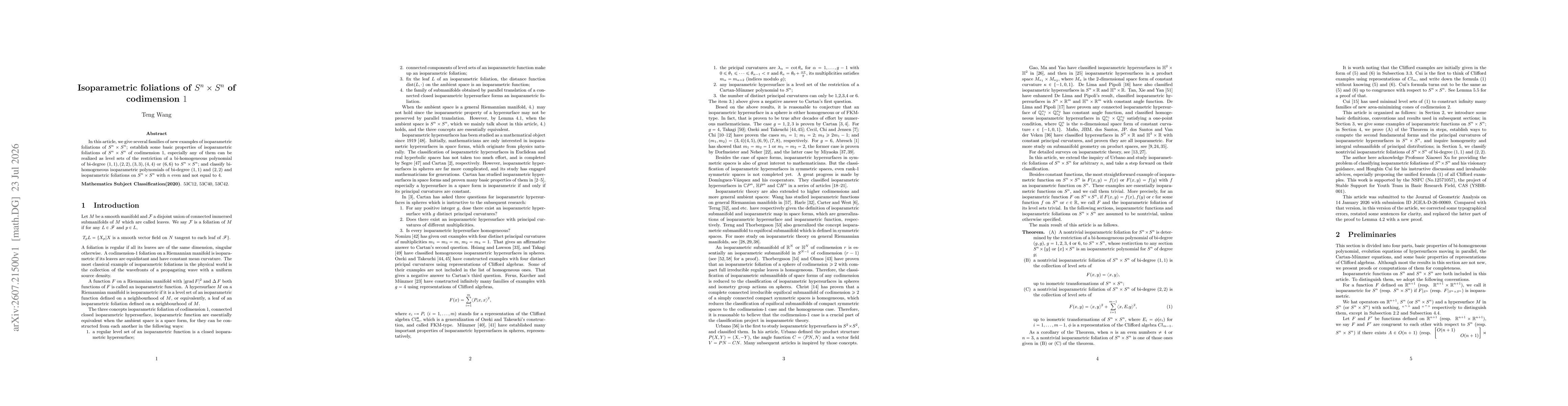 Thumbnail for Isoparametric foliations of $S^n\times S^n$ of codimension $1$
