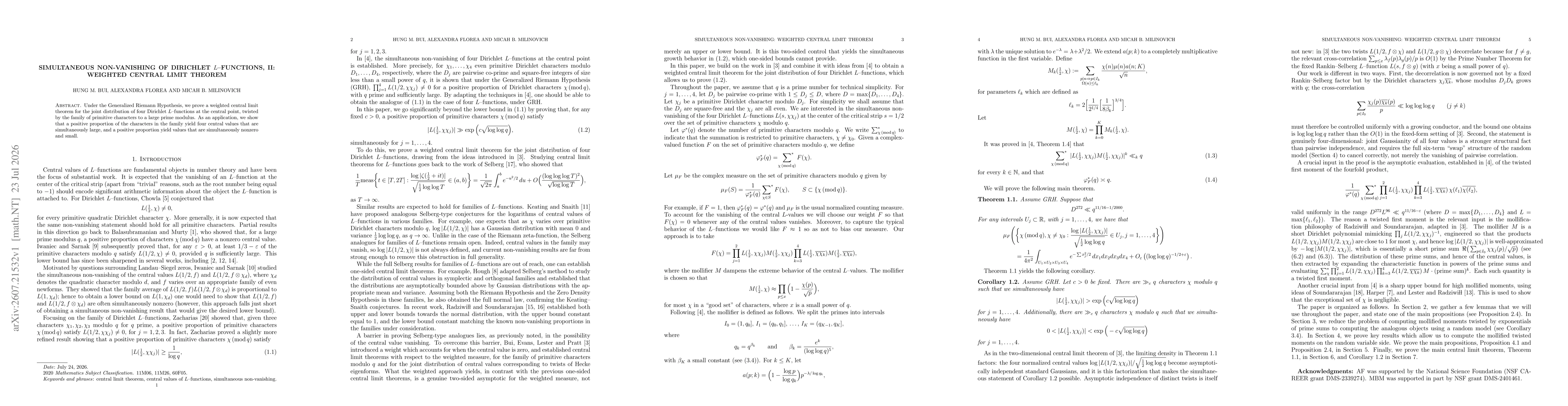 Thumbnail for Simultaneous non-vanishing of Dirichlet $L$--functions, II: Weighted central limit theorem