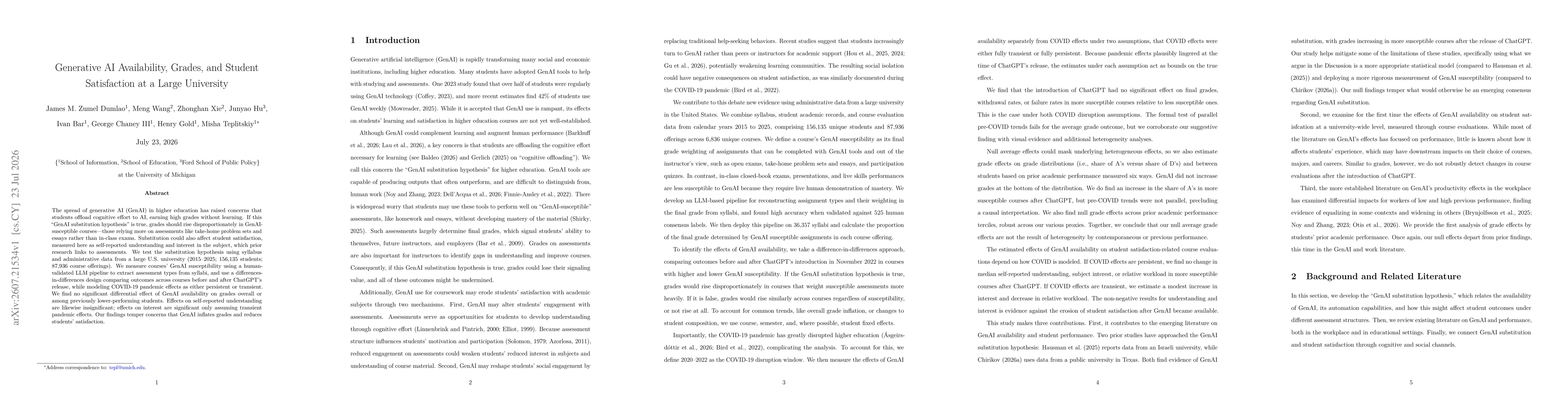 Thumbnail for Generative AI Availability, Grades, and Student Satisfaction at a Large University