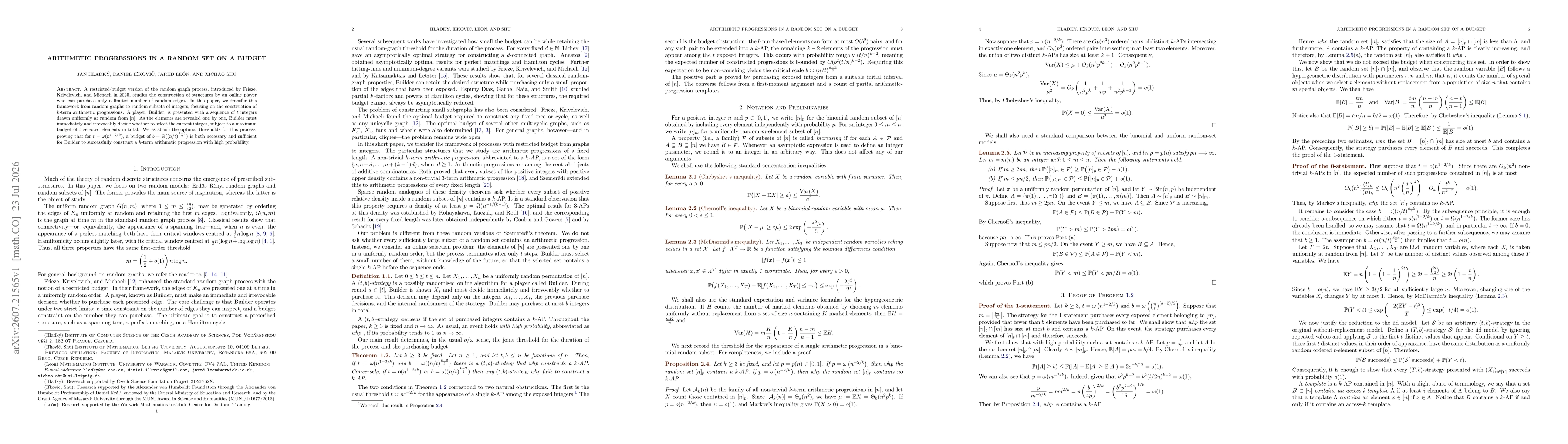 Thumbnail for Arithmetic progressions in a random set on a budget