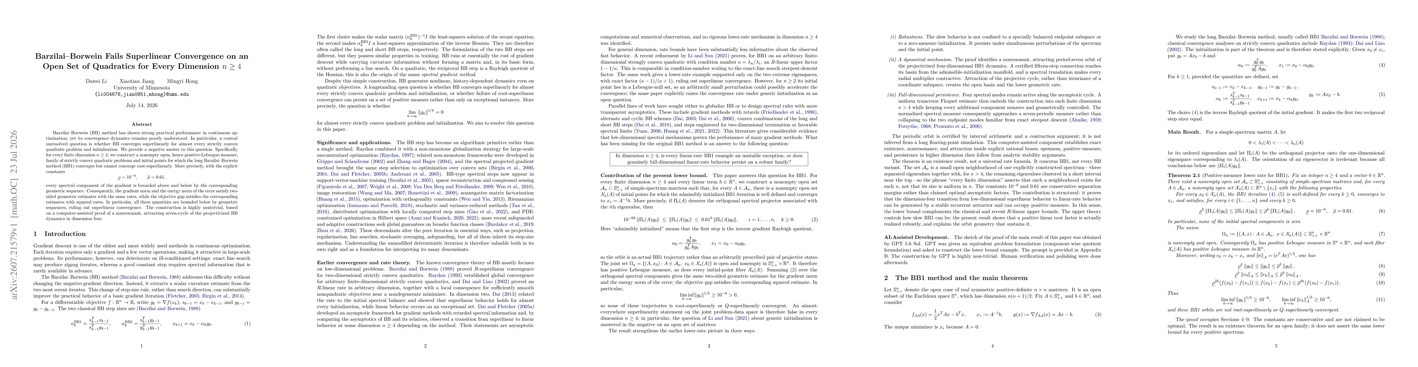 Thumbnail for Barzilai-Borwein Fails Superlinear Convergence on an Open Set of Quadratics for Every Dimension $n\geq 4$