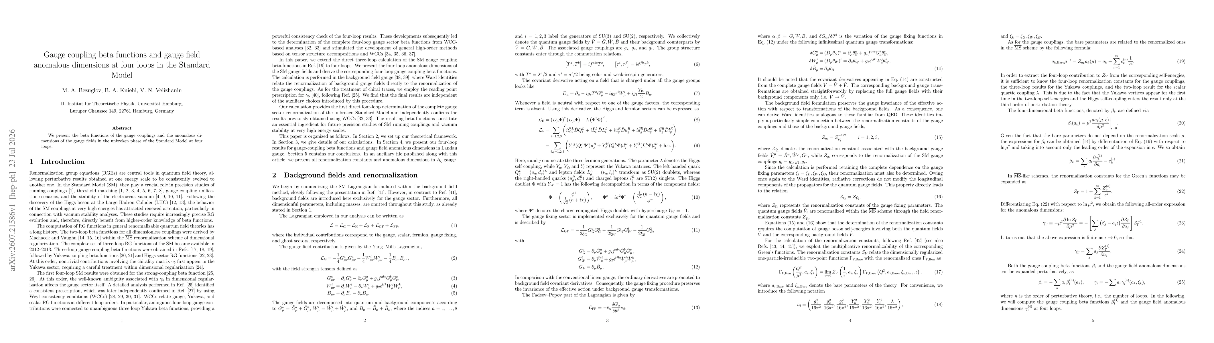 Thumbnail for Gauge coupling beta functions and gauge field anomalous dimensions at four loops in the Standard Model