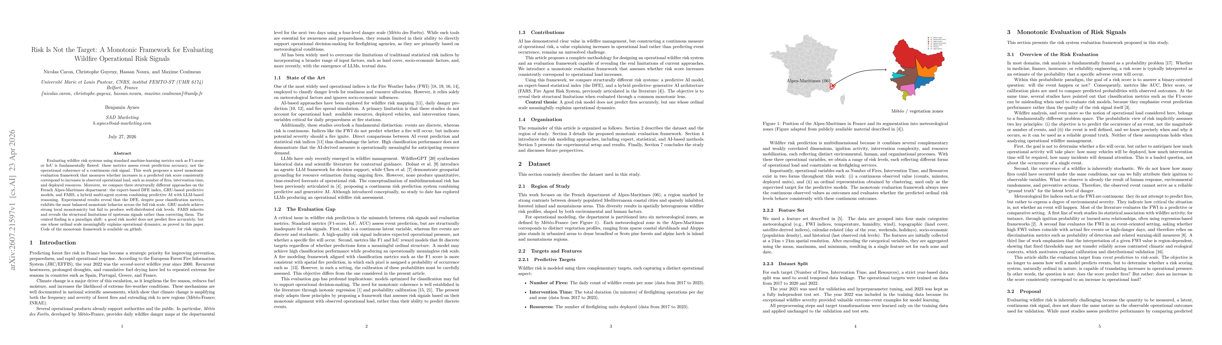 Thumbnail for Risk Is Not the Target: A Monotonic Framework for Evaluating Wildfire Operational Risk Signals