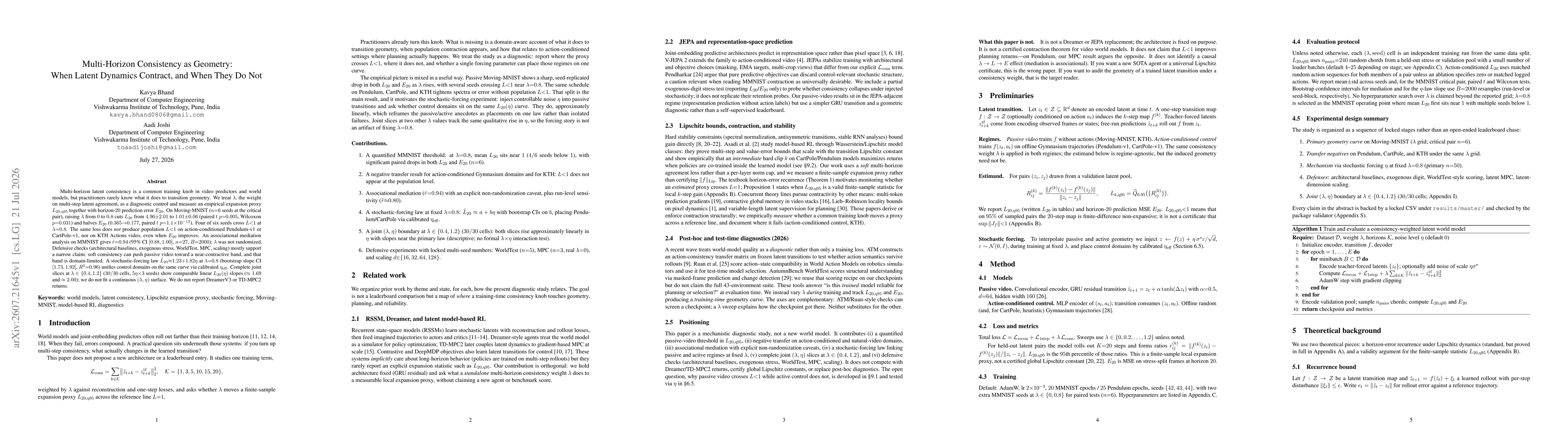 Thumbnail for Multi-Horizon Consistency as Geometry: When Latent Dynamics Contract, and When They Do Not