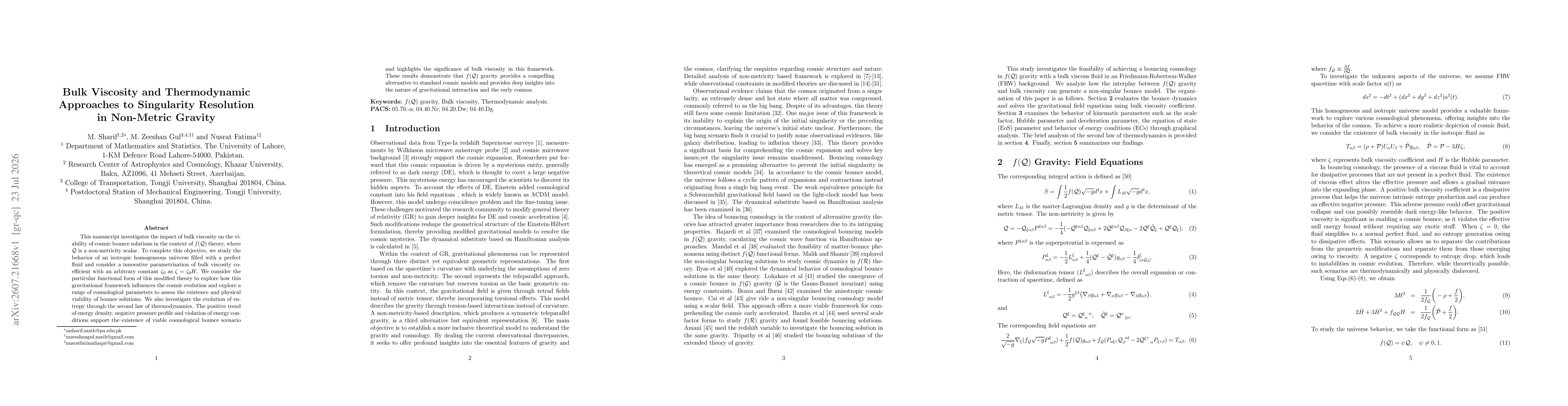 Thumbnail for Bulk Viscosity and Thermodynamic Approaches to Singularity Resolution in Non-Metric Gravity