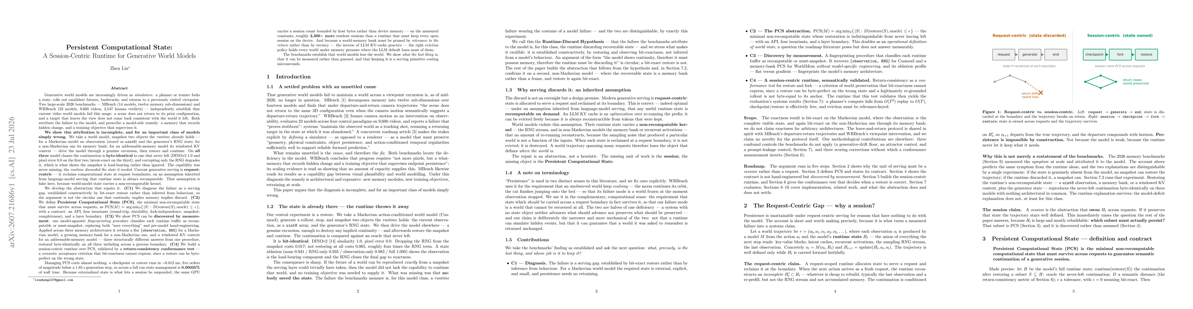 Thumbnail for Persistent Computational State: A Session-Centric Runtime for Generative World Models