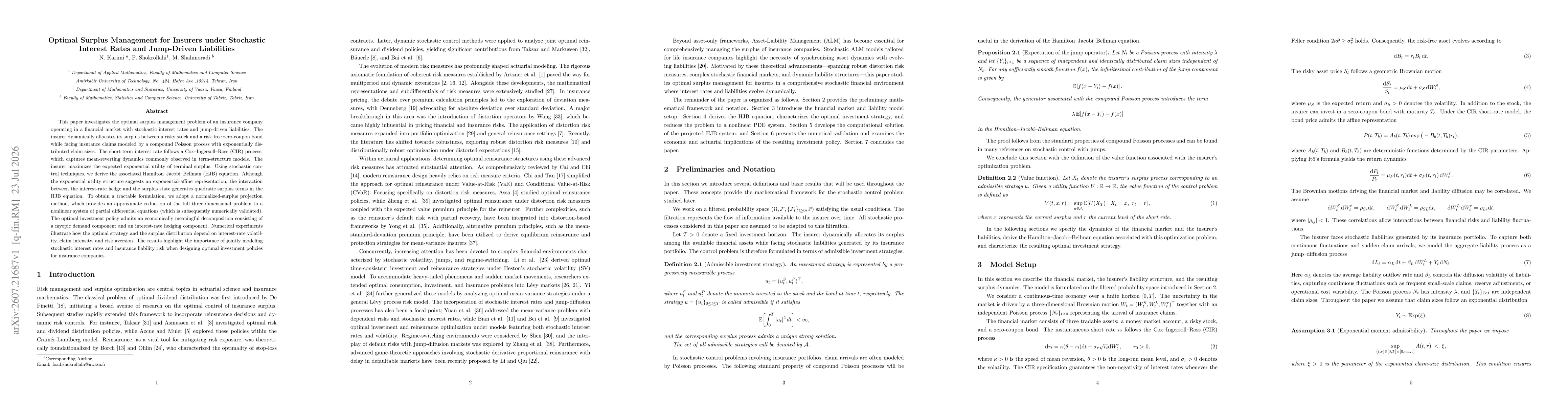 Thumbnail for Optimal Surplus Management for Insurers under Stochastic Interest Rates and Jump-Driven Liabilities