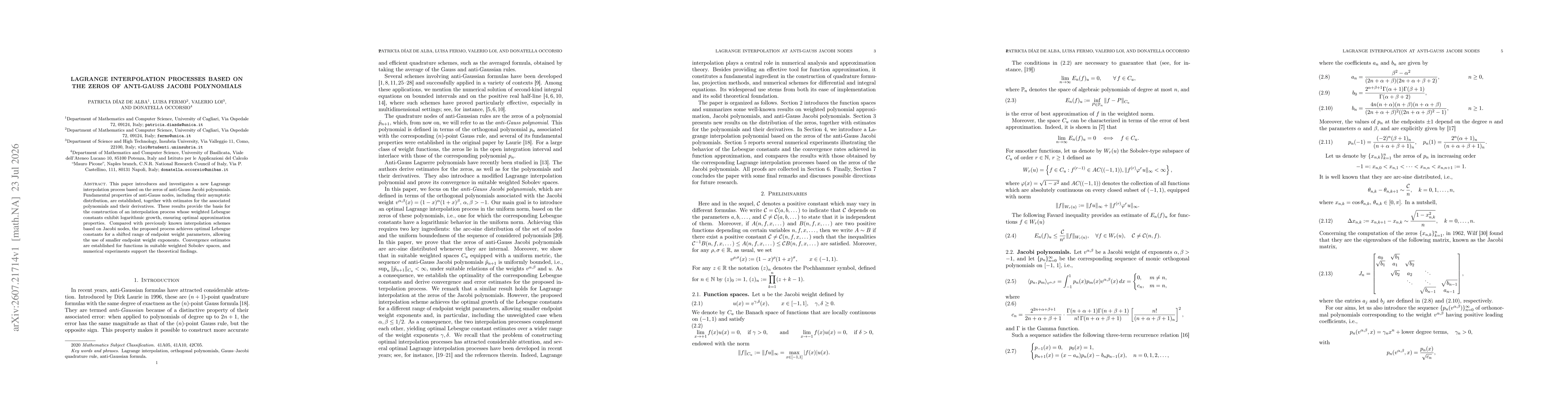 Thumbnail for Lagrange interpolation processes based on the zeros of anti-Gauss Jacobi polynomials