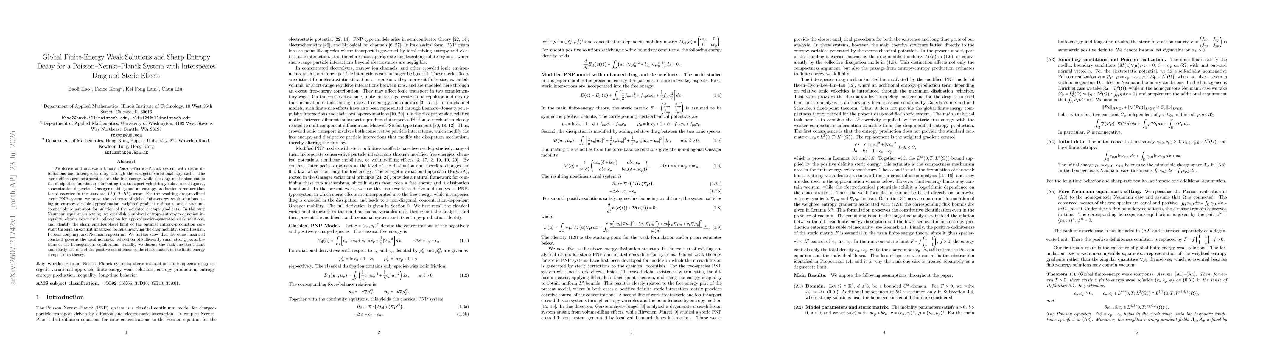 Thumbnail for Global Finite-Energy Weak Solutions and Sharp Entropy Decay for a Poisson-Nernst-Planck System with Interspecies Drag and Steric Effects