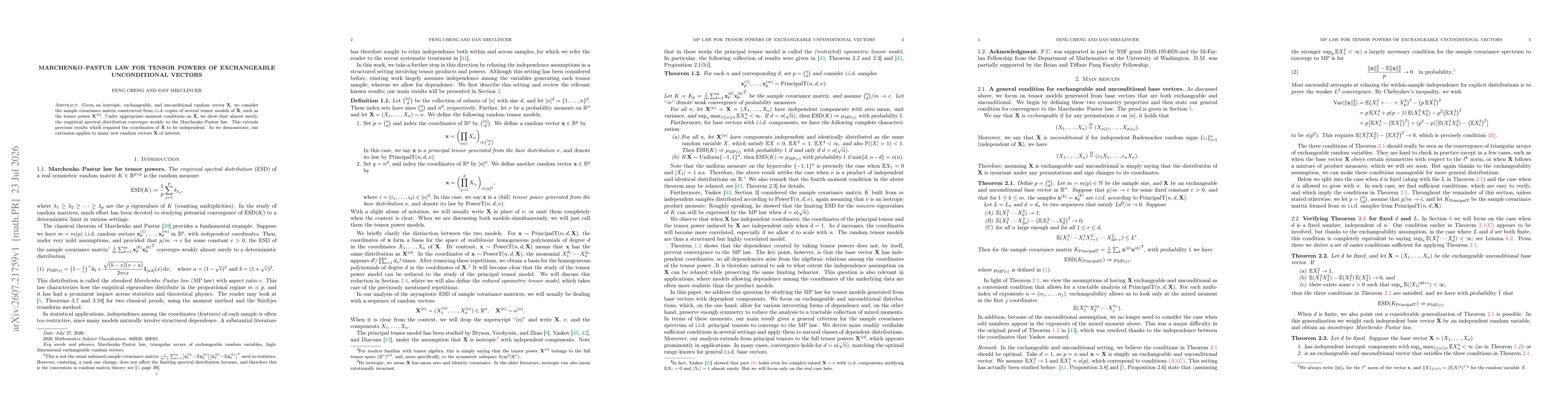 Thumbnail for Marchenko-Pastur law for tensor powers of exchangeable unconditional vectors