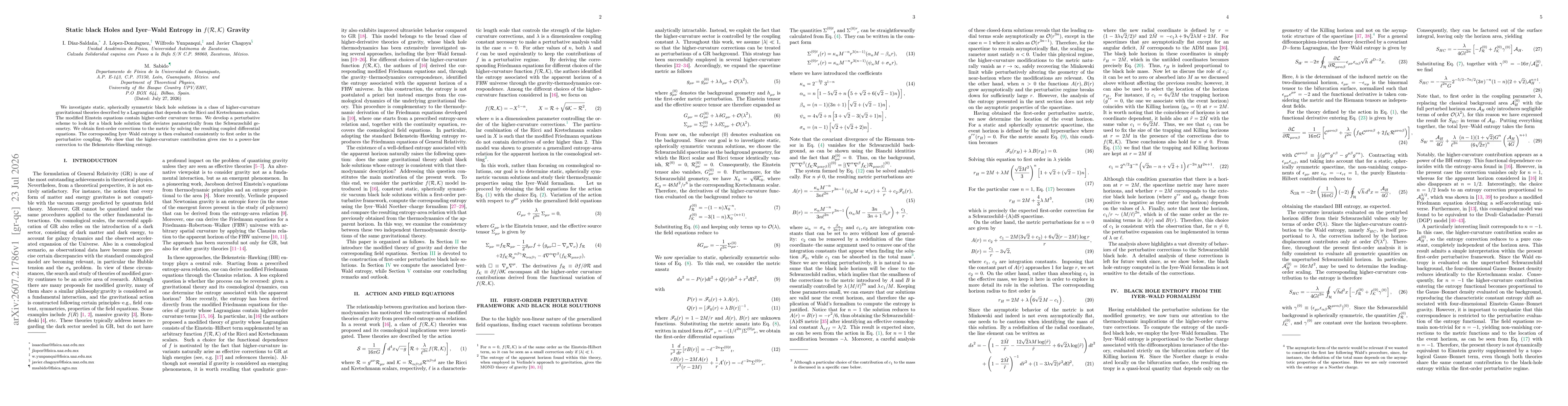 Thumbnail for Static Black Holes and Iyer-Wald Entropy in $f(\mathcal{R},\mathcal{K})$ Gravity