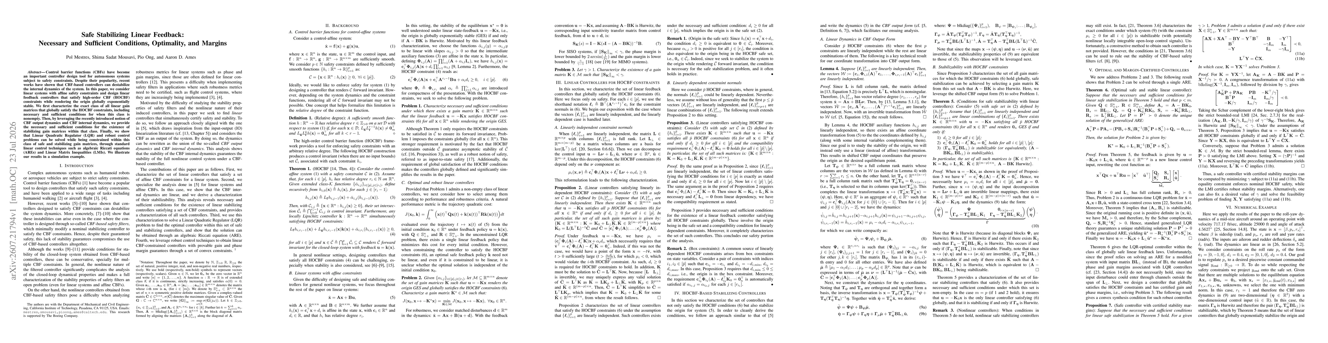 Thumbnail for Safe Stabilizing Linear Feedback: Necessary and Sufficient Conditions, Optimality, and Margins