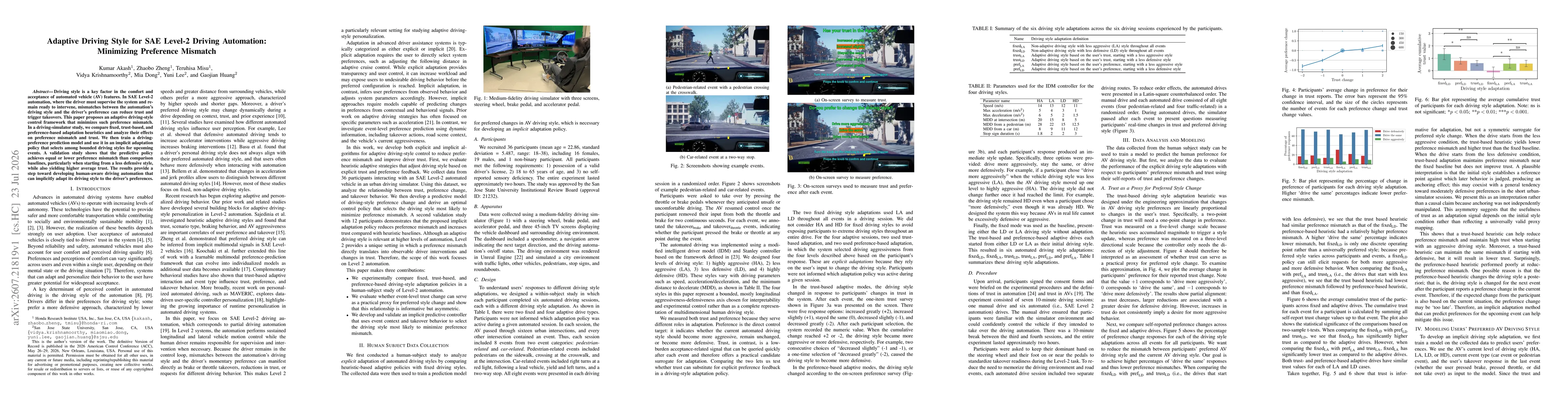 Thumbnail for Adaptive Driving Style for SAE Level-2 Driving Automation: Minimizing Preference Mismatch