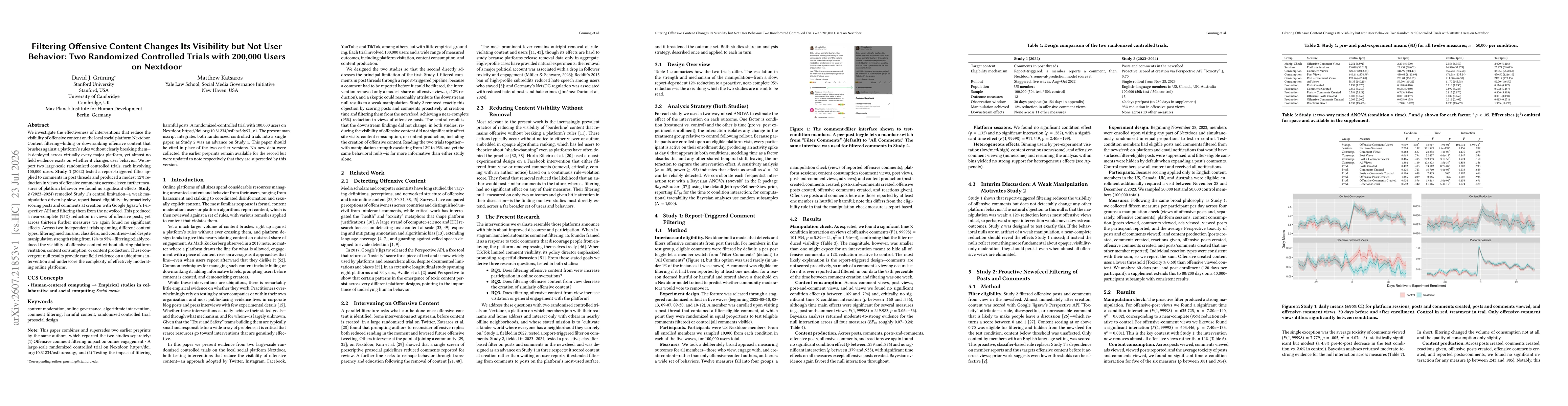 Thumbnail for Filtering Offensive Content Changes Its Visibility but Not User Behavior: Two Randomized Controlled Trials with 200,000 Users on Nextdoor