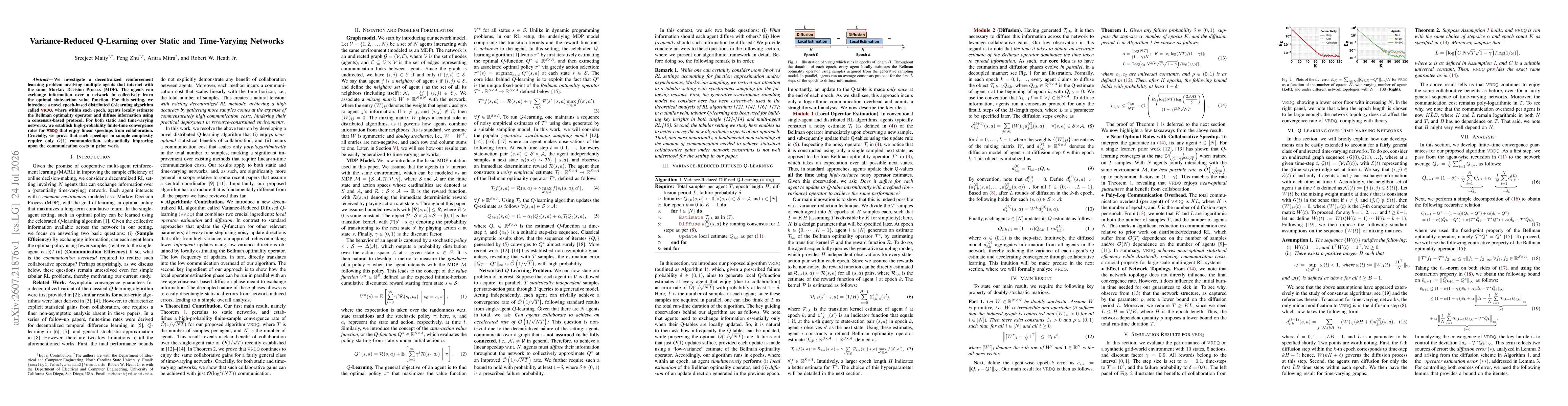 Thumbnail for Variance-Reduced Q-Learning over Static and Time-Varying Networks