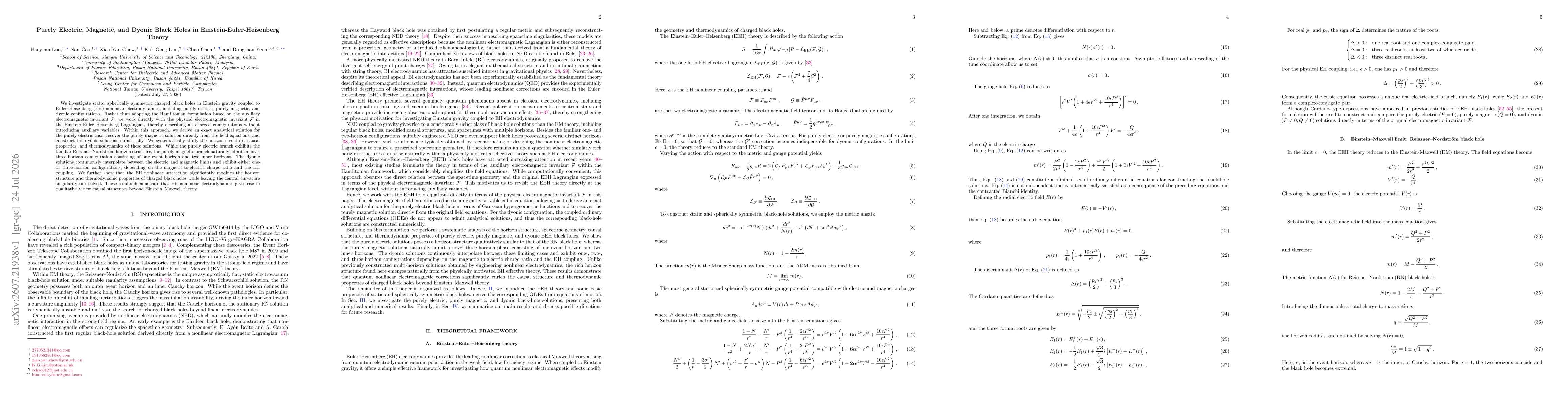 Thumbnail for Purely Electric, Magnetic, and Dyonic Black Holes in Einstein-Euler-Heisenberg Theory