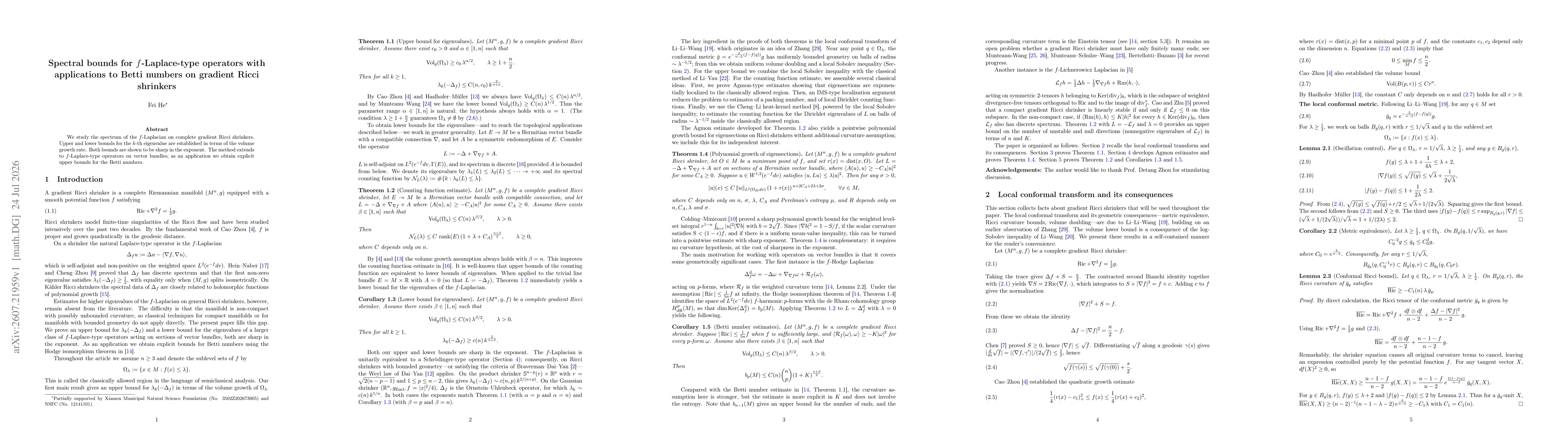 Thumbnail for Spectral bounds for $f$-Laplace-type operators with applications to Betti numbers on gradient Ricci shrinkers