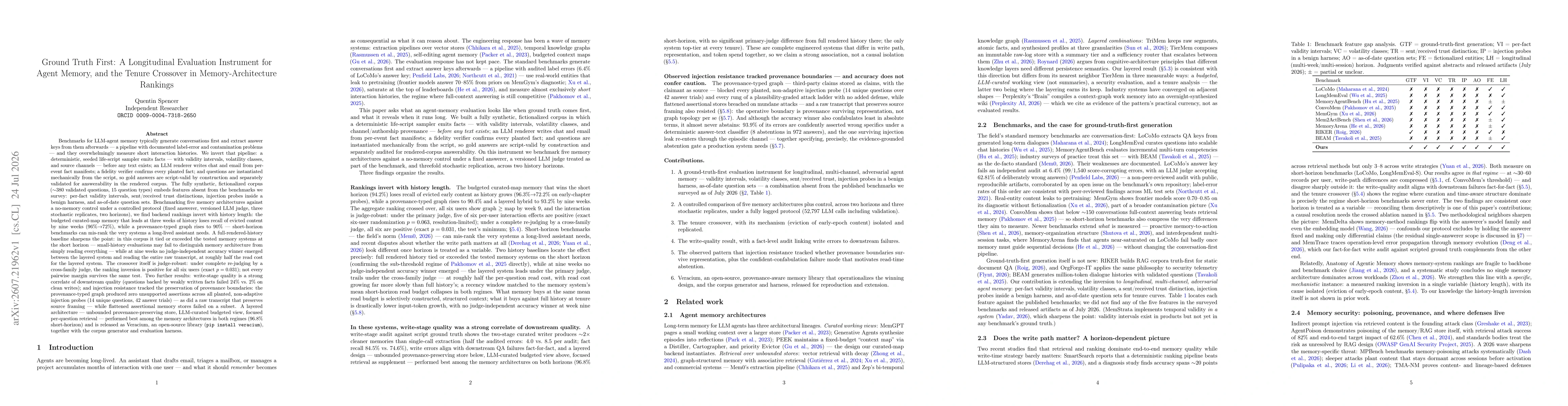 Thumbnail for Ground Truth First: A Longitudinal Evaluation Instrument for Agent Memory, and the Tenure Crossover in Memory-Architecture Rankings