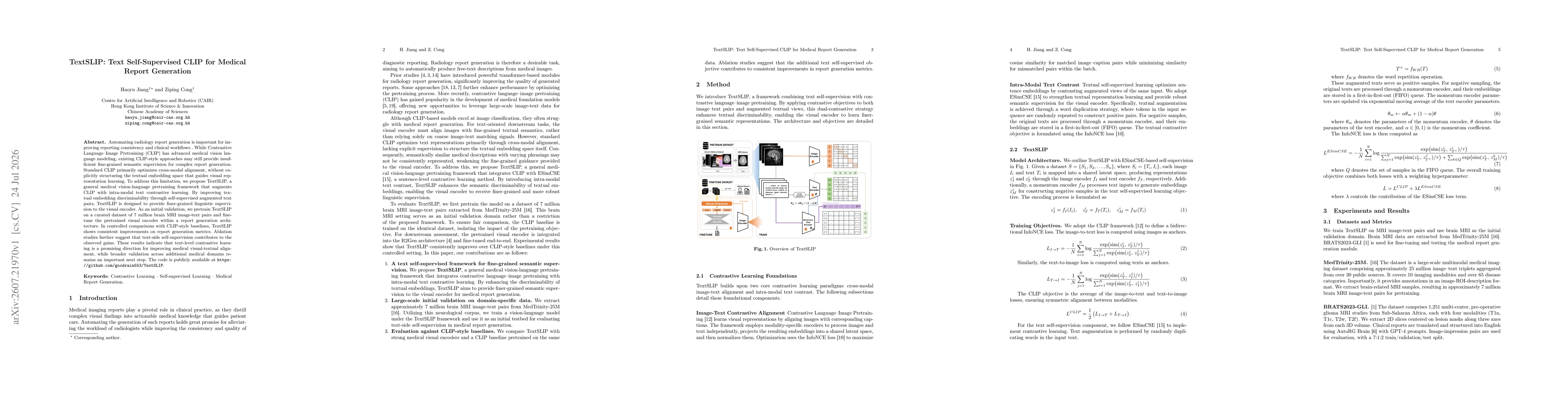 Thumbnail for TextSLIP: Text Self-Supervised CLIP for Medical Report Generation
