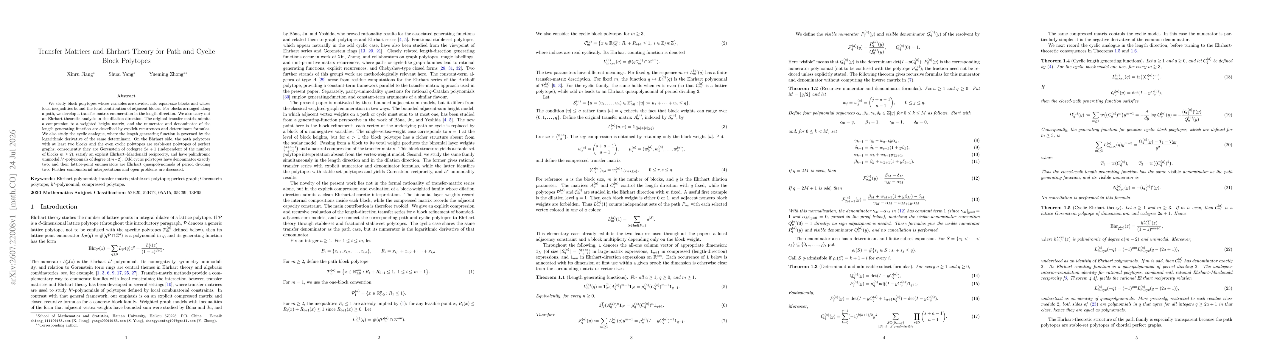 Thumbnail for Transfer Matrices and Ehrhart Theory for Path and Cyclic Block Polytopes