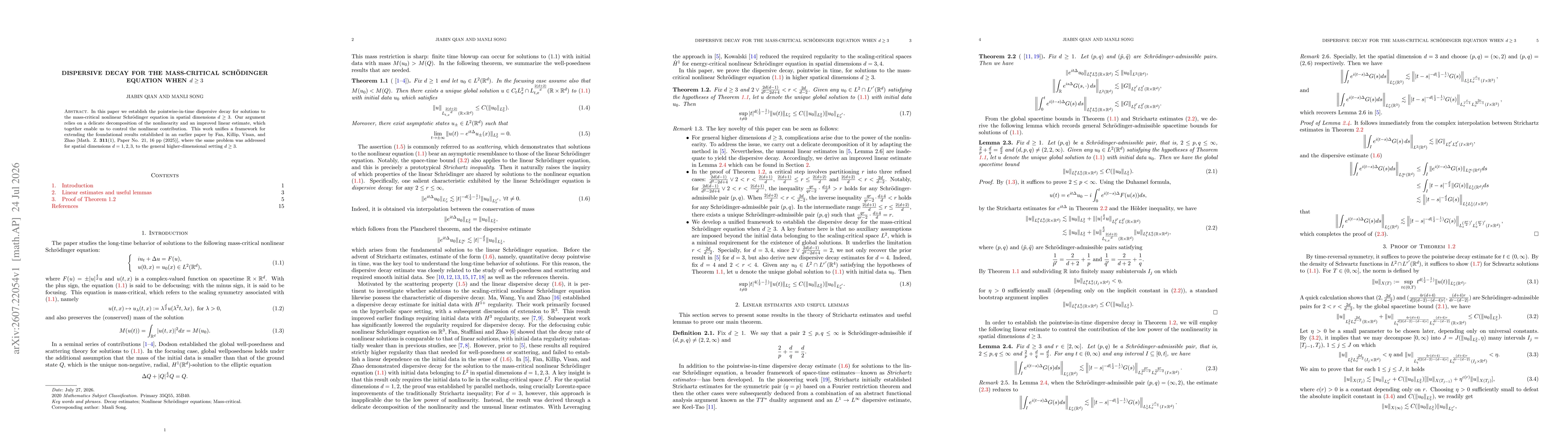 Thumbnail for Dispersive decay for the mass-critical Schödinger equation when $d\geq 3$