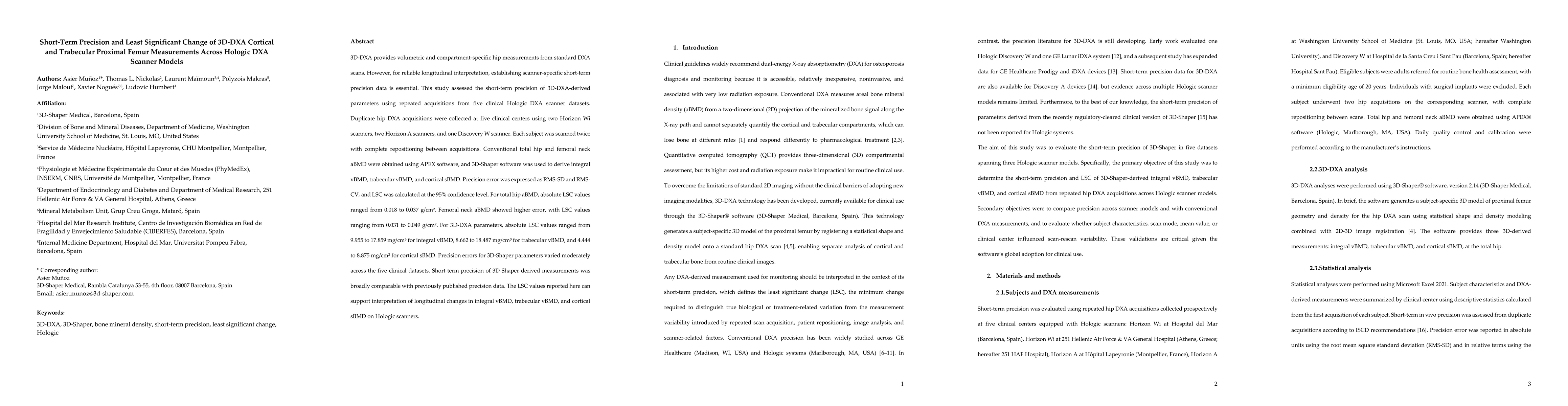 Thumbnail for Short-Term Precision and Least Significant Change of 3D-DXA Cortical and Trabecular Proximal Femur Measurements Across Hologic DXA Scanner Models