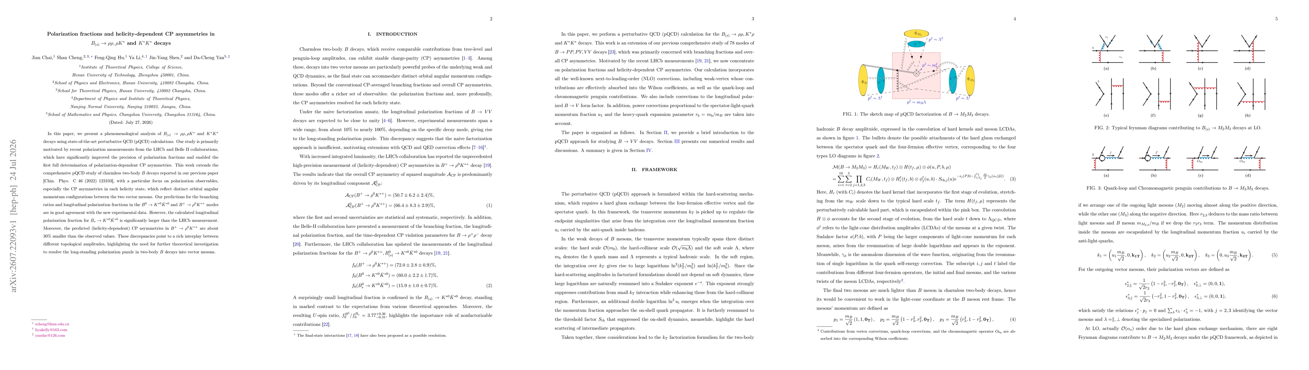 Thumbnail for Polarization fractions and helicity-dependent CP asymmetries in $B_{(s)} \to ρρ, ρK^\ast$ and $K^\ast K^\ast$ decays