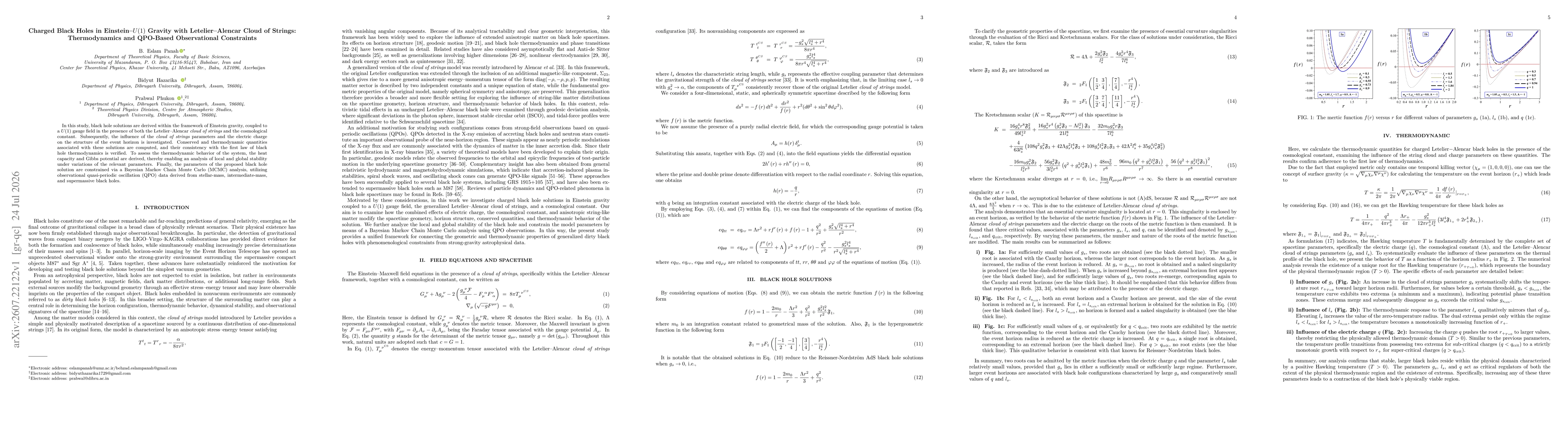 Thumbnail for Charged Black Holes in Einstein--$U(1)$ Gravity with Letelier--Alencar Cloud of Strings: Thermodynamics and QPO-Based Observational Constraints