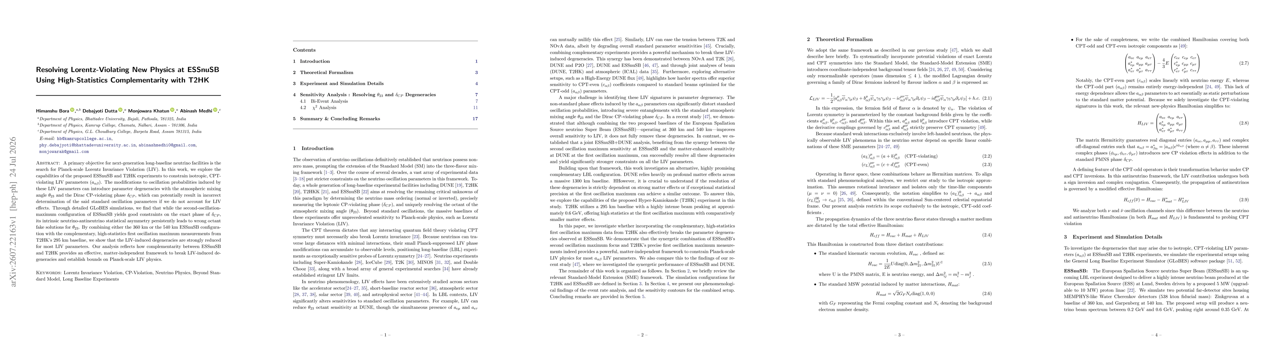 Thumbnail for Resolving Lorentz-Violating New Physics at ESSnuSB Using High-Statistics Complementarity with T2HK