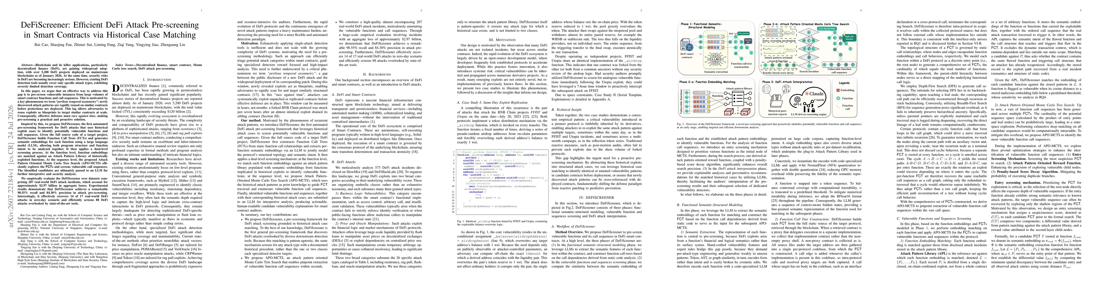 Thumbnail for DeFiScreener: Efficient DeFi Attack Pre-screening in Smart Contracts via Historical Case Matching