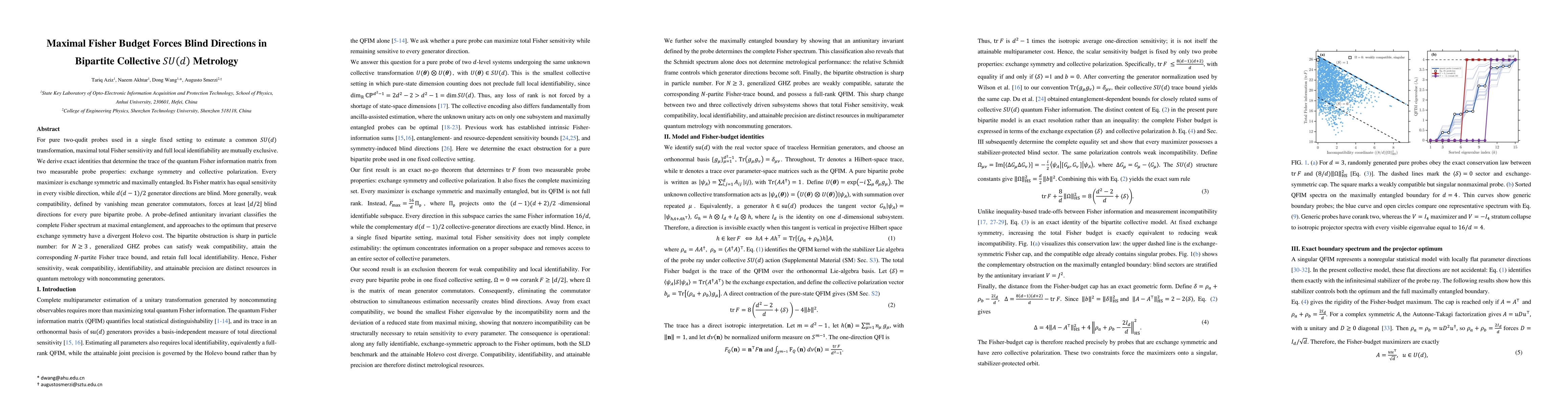 Thumbnail for Maximal Fisher Budget Forces Blind Directions in Bipartite Collective SU(d) Metrology