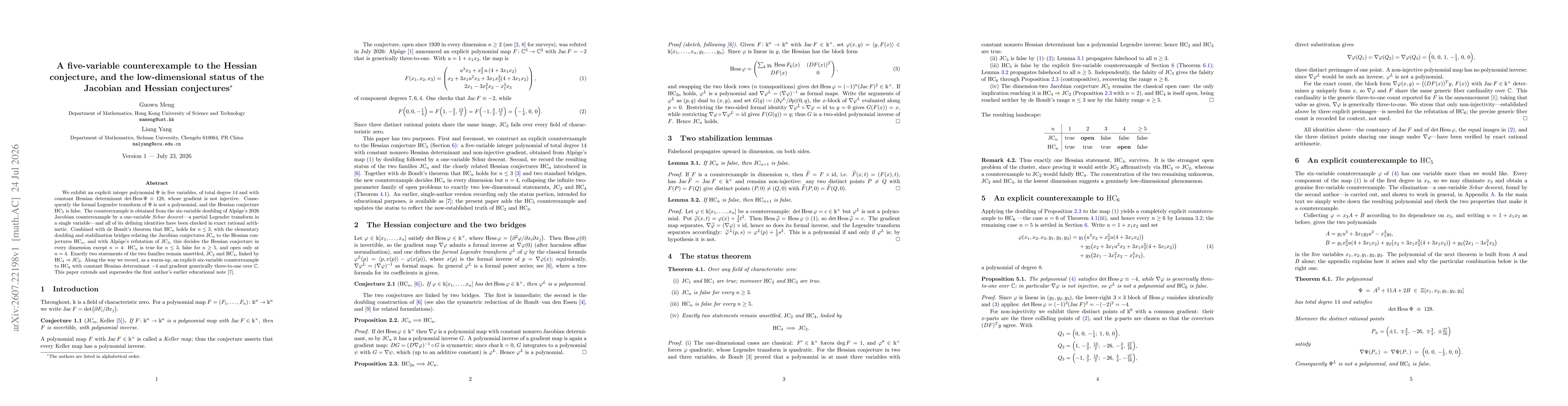 Thumbnail for A five-variable counterexample to the Hessian conjecture, and the low-dimensional status of the Jacobian and Hessian conjectures