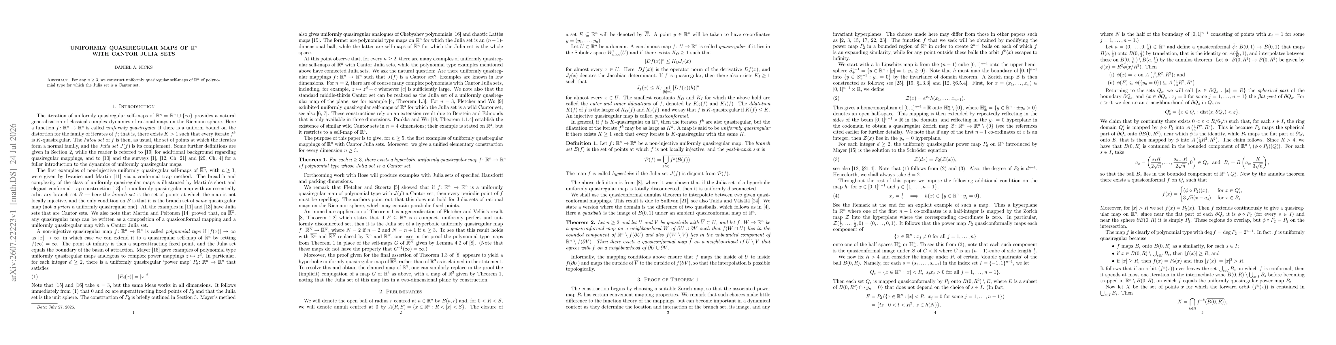 Thumbnail for Uniformly quasiregular maps of $\mathbb{R}^n$ with Cantor Julia sets